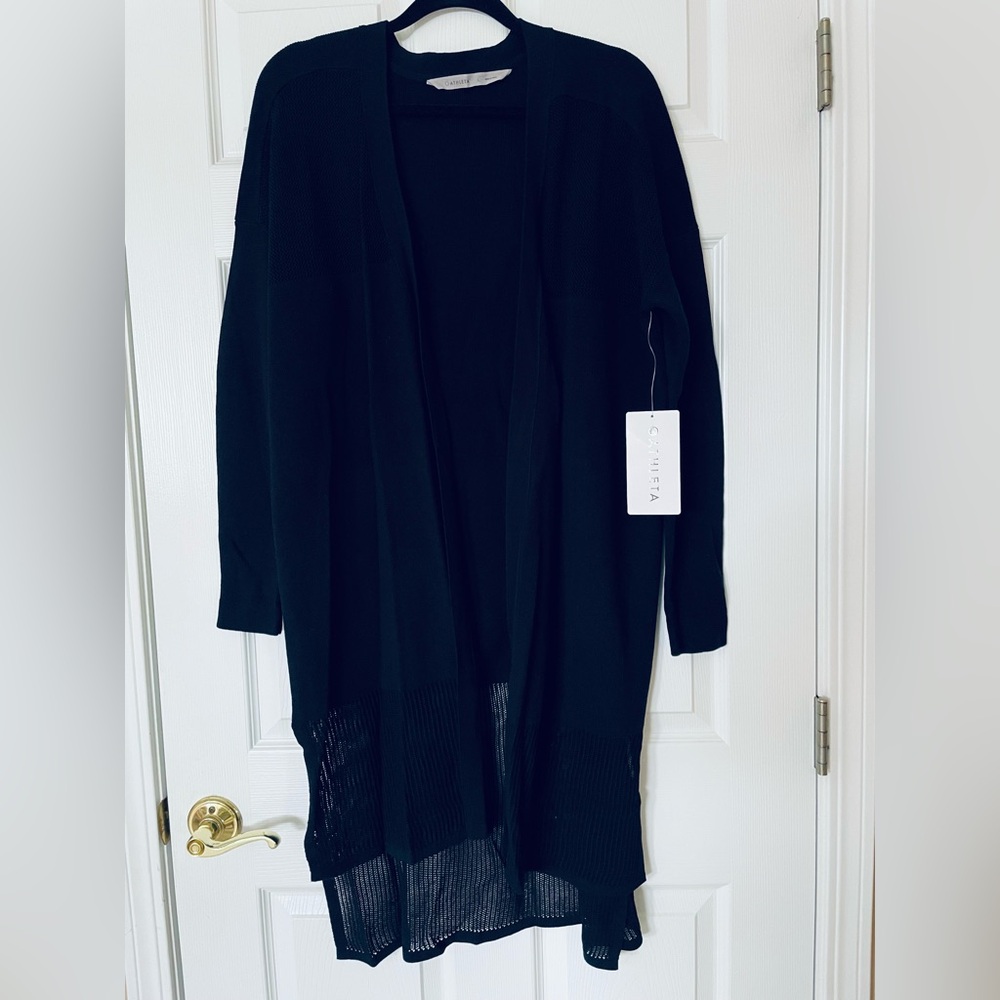 Athleta Kahala Mesh Duster Cardigan Black Longline Layer Athleisure Chic
